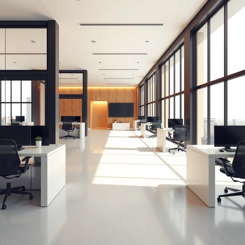 Modern office space with professionals collaborating