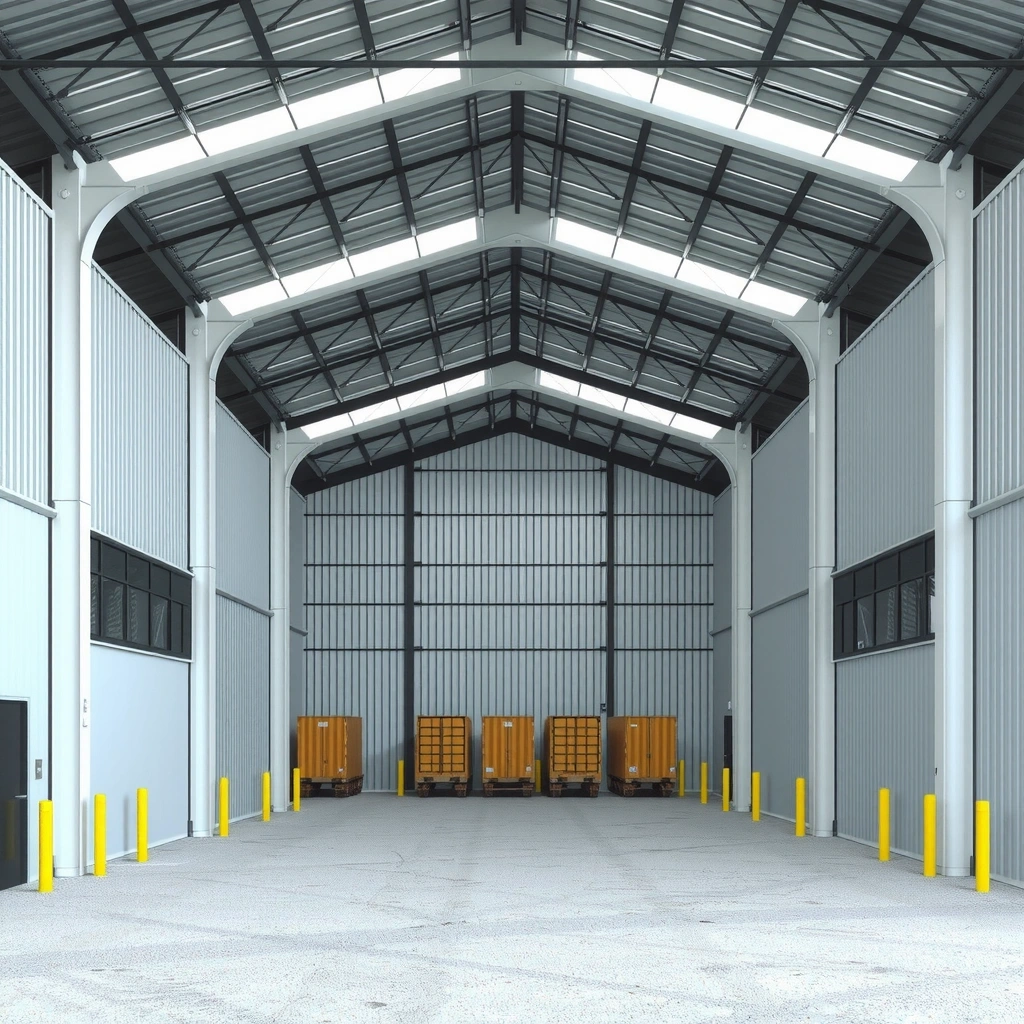 Industrial warehouse facility with steel frame construction and loading docks