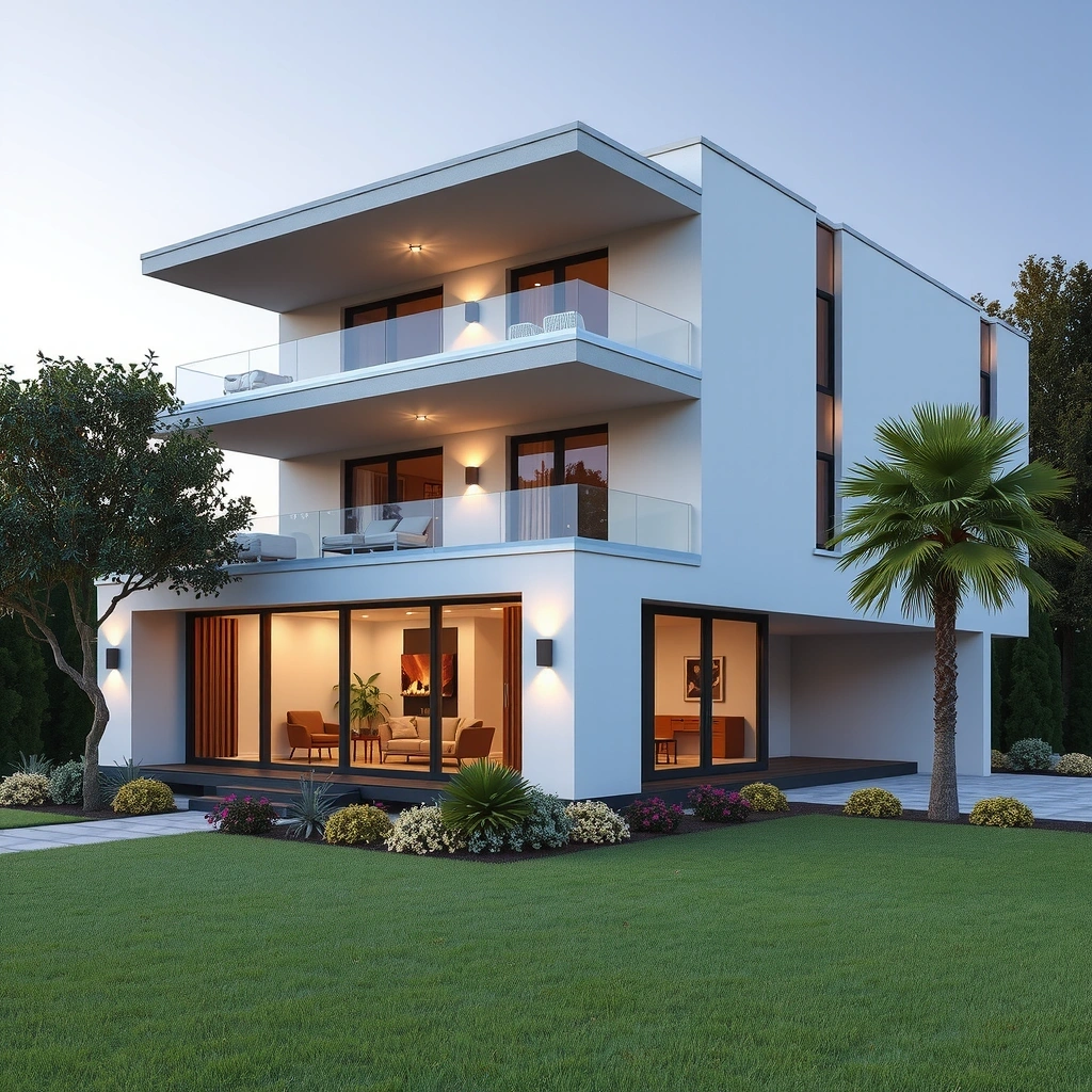 Luxury residential home with modern architectural design and landscaped gardens