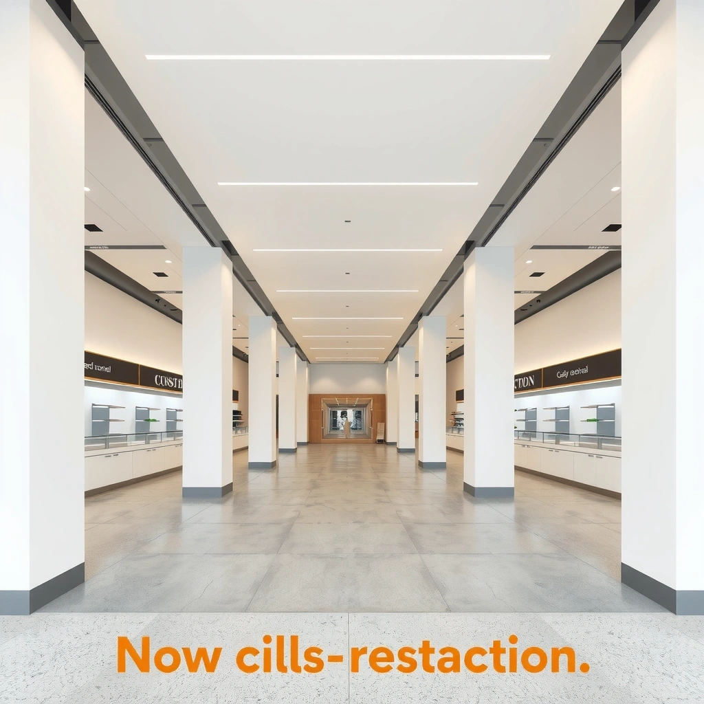 Retail space construction with open floor plan and modern fixtures